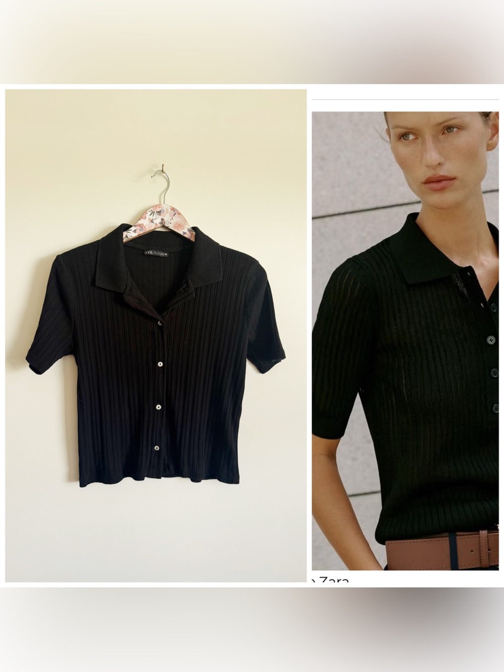 ZARA Ribbed Knit Collared Button Up Short Sleeve Knit Top Sweater Large Black